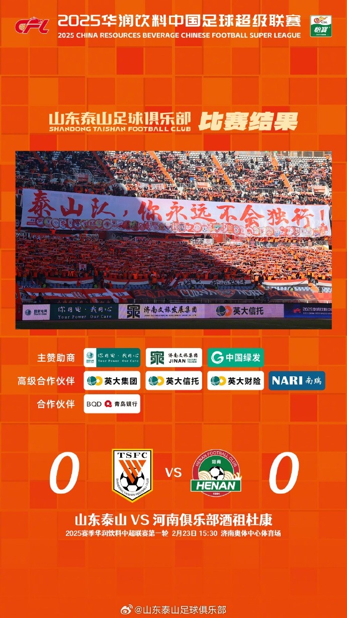  中超首戰，泰山隊雖未取勝，但全隊展現出了頑強的拼搏精神