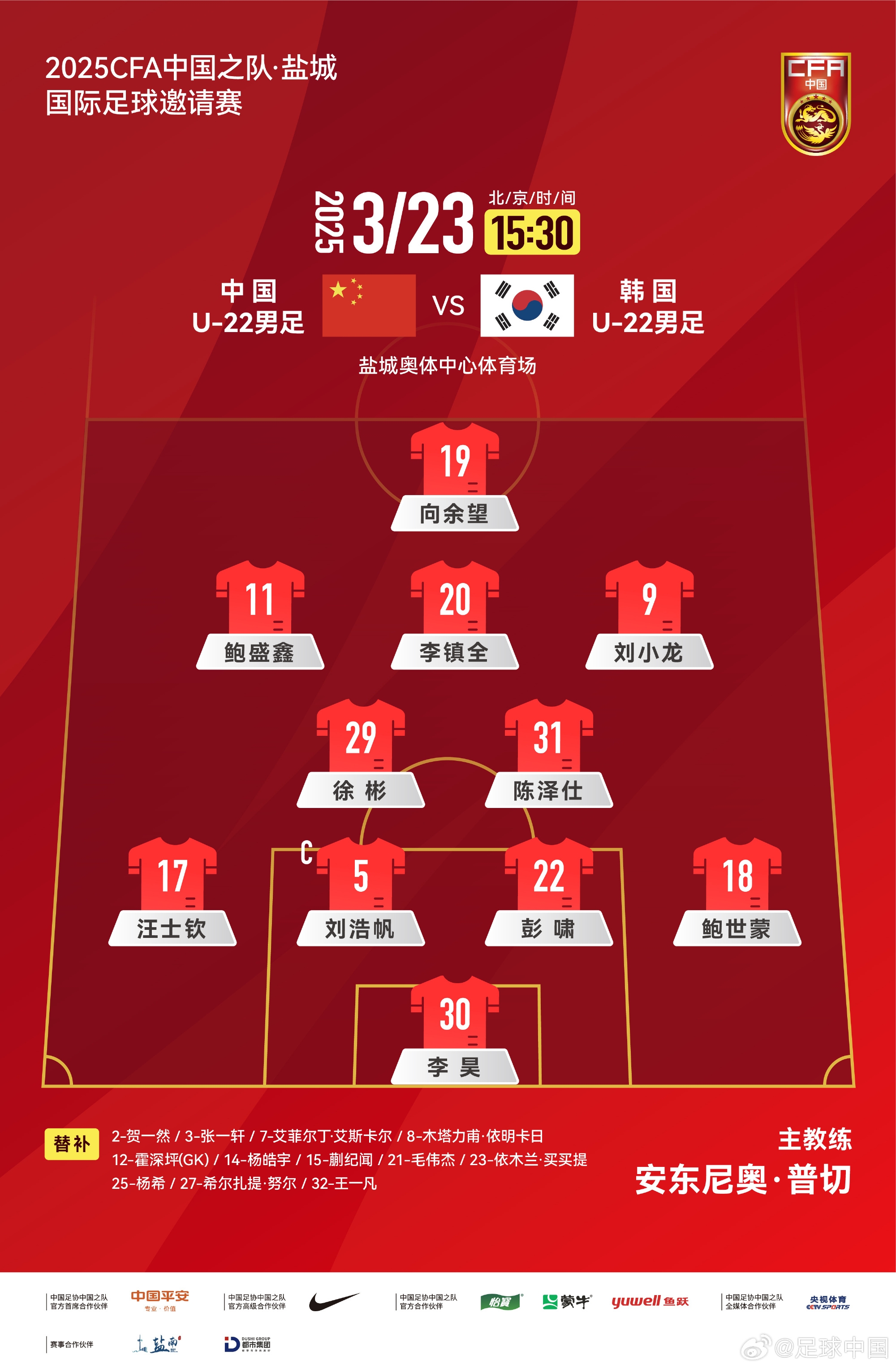  鹽城四國賽，中國U-22男足對陣韓國U-22男足，中國隊首發(fā)陣容